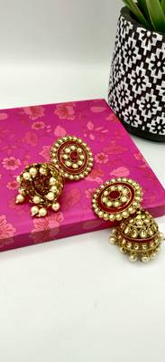 Red Dome Shaped Stone Studded Enamelled Jhumkas 4