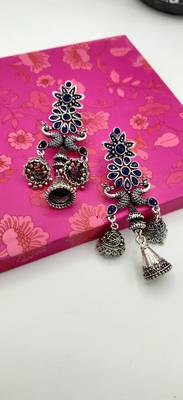 Silver Oxidized Peacock Shaped Blue Stone Studded Drop Earrings 3