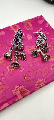 Silver Oxidized Peacock Shaped Blue Stone Studded Drop Earrings 4