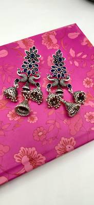 Silver Oxidized Peacock Shaped Blue Stone Studded Drop Earrings 1