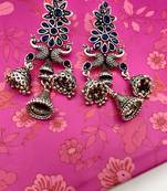 Silver Oxidized Peacock Shaped Blue Stone Studded Drop Earrings