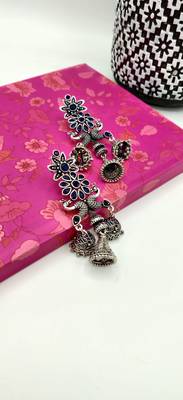 Silver Oxidized Peacock Shaped Blue Stone Studded Drop Earrings 5