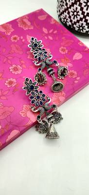 Silver Oxidized Peacock Shaped Blue Stone Studded Drop Earrings 6