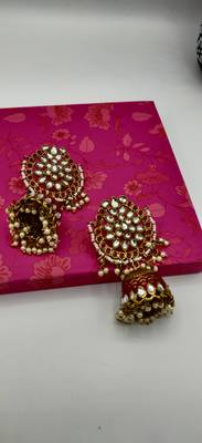 Red Meenakari  Kundan Contemporary Jhumkas 5