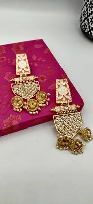 Peach Enamelled Kundan Contemporary Jhumki Earrings 4