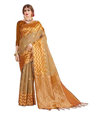 Mustard woven linen saree with blouse 1