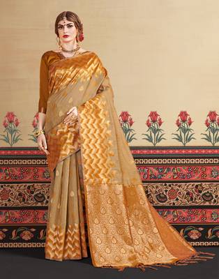Mustard woven linen saree with blouse 2