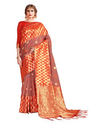 Orange woven linen saree with blouse 1