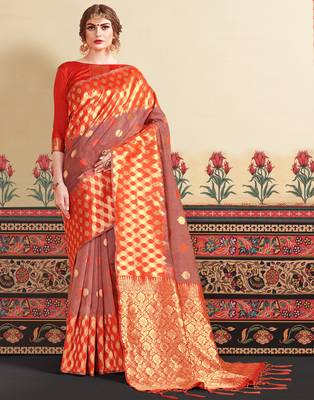 Orange woven linen saree with blouse 2