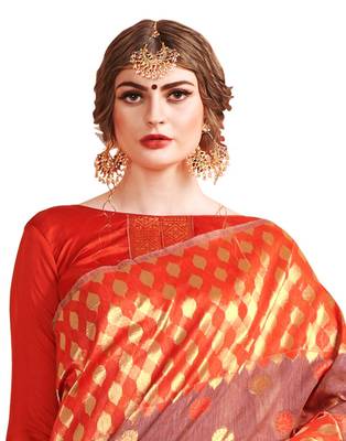 Orange woven linen saree with blouse 3