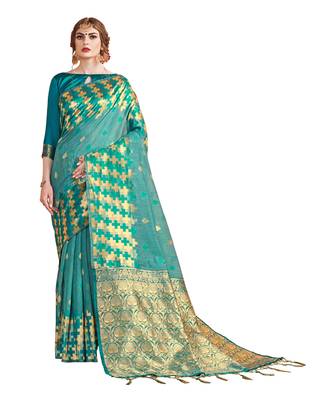 Sea green woven linen saree with blouse 1