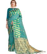 Sea green woven linen saree with blouse