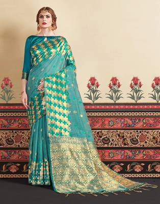 Sea green woven linen saree with blouse 2