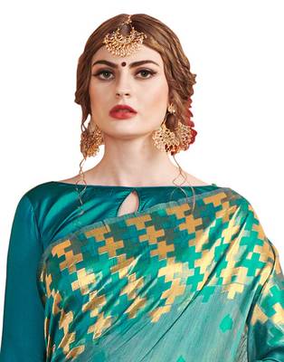 Sea green woven linen saree with blouse 3