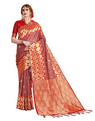 Red woven linen saree with blouse 1