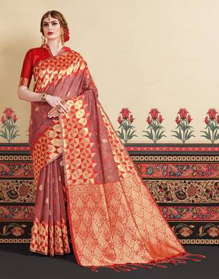 Red woven linen saree with blouse 2