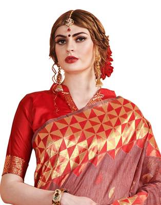 Red woven linen saree with blouse 3