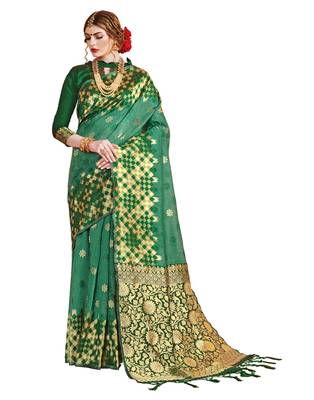 Green woven linen saree with blouse 1