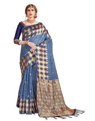 Blue woven linen saree with blouse 1