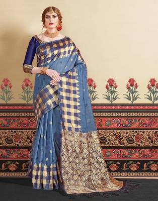 Blue woven linen saree with blouse 2