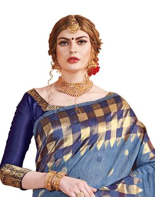 Blue woven linen saree with blouse 3