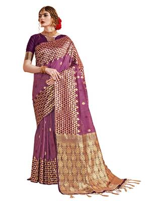 Onion pink woven linen saree with blouse 1