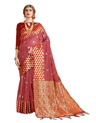 Maroon woven linen saree with blouse 1
