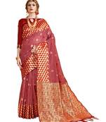 Maroon woven linen saree with blouse