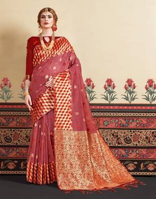 Maroon woven linen saree with blouse 2