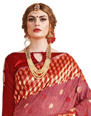 Maroon woven linen saree with blouse 3
