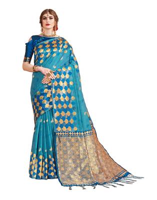 Aqua blue woven linen saree with blouse 1