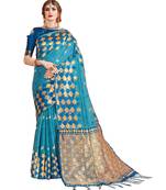 Aqua blue woven linen saree with blouse