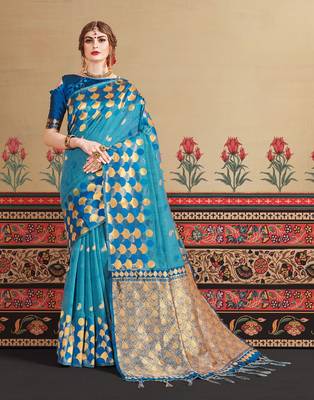 Aqua blue woven linen saree with blouse 2