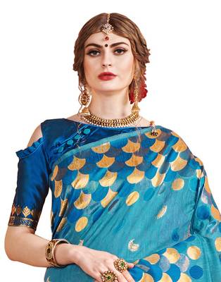 Aqua blue woven linen saree with blouse 3