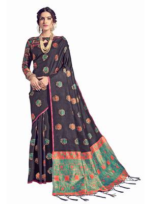 Black woven tussar silk saree with blouse 1