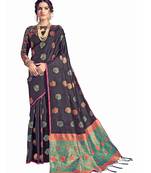 Black woven tussar silk saree with blouse