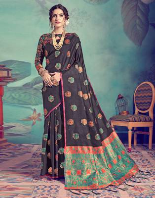 Black woven tussar silk saree with blouse 2