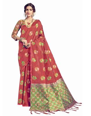 Coral woven tussar silk saree with blouse 1