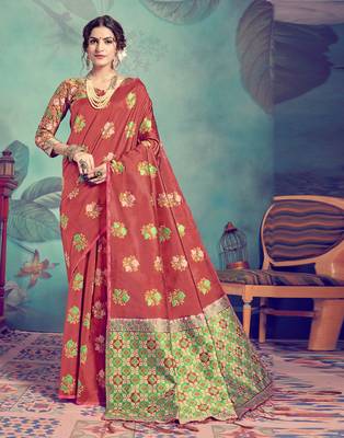 Coral woven tussar silk saree with blouse 2