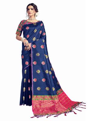 Blue woven tussar silk saree with blouse 1