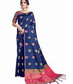 Blue woven tussar silk saree with blouse