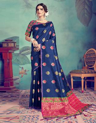 Blue woven tussar silk saree with blouse 2