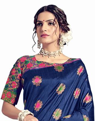 Blue woven tussar silk saree with blouse 3