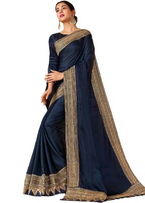 navy blue embroidred art silk saree with blouse 1