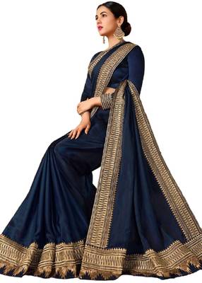 navy blue embroidred art silk saree with blouse 2