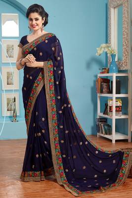Navy Blue Georgette Thread Work Saree with Blouse 1