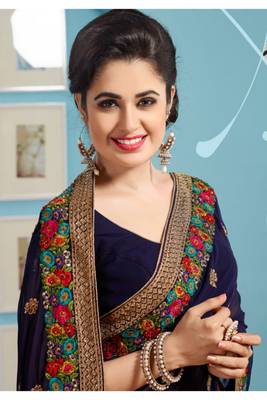 Navy Blue Georgette Thread Work Saree with Blouse 2