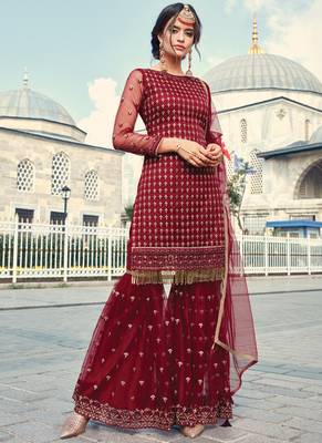 Maroon Embroidered Wedding Gharara Suit 1