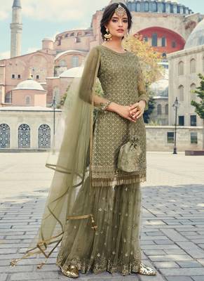 Green Embroidered Partywear Gharara Suit 1