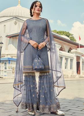 Sky Blue Embroidered Designer Gharara Suit 1